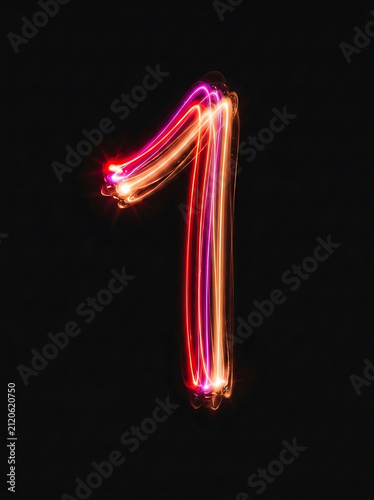 Glowing number one light painting. Neon digit isolated on black background.