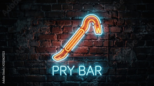 Neon pry bar sign on brick wall, glowing orange crowbar tool icon, blue electric light typography for hardware shop or construction theme