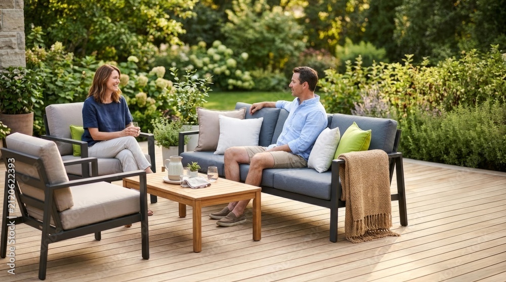 Fototapeta premium Couple Relaxing on Outdoor Patio Sofa with Coffee Table and Chairs, Lush Garden Backdrop, Copy Space