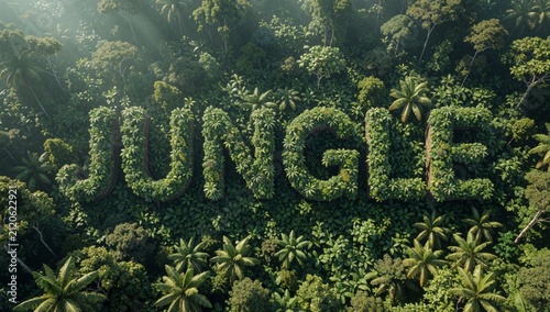 Aerial dense jungle word written large capital letters made green leaves arranged way form shape overlapping e