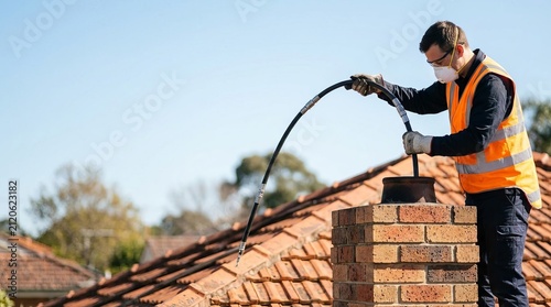 Chimney sweep cleaning rooftop chimney with brush