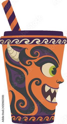 paper cup with striped straw and printed monster face, decorative vector illustration