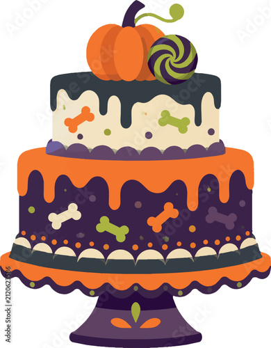 layered cake with dripping frosting and candy bone decorations, dessert vector illustration