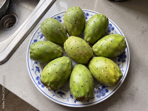 Fresh Green Prickly Pear Fruits on Decorative Ceramic Plate