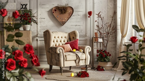 Romantic Vintage Living Room Scene with Red Roses, Tufted Armchair and Heart-Shaped Decor