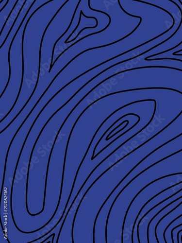 Abstract blue topographic line art background with black wavy contour lines and wood grain texture pattern