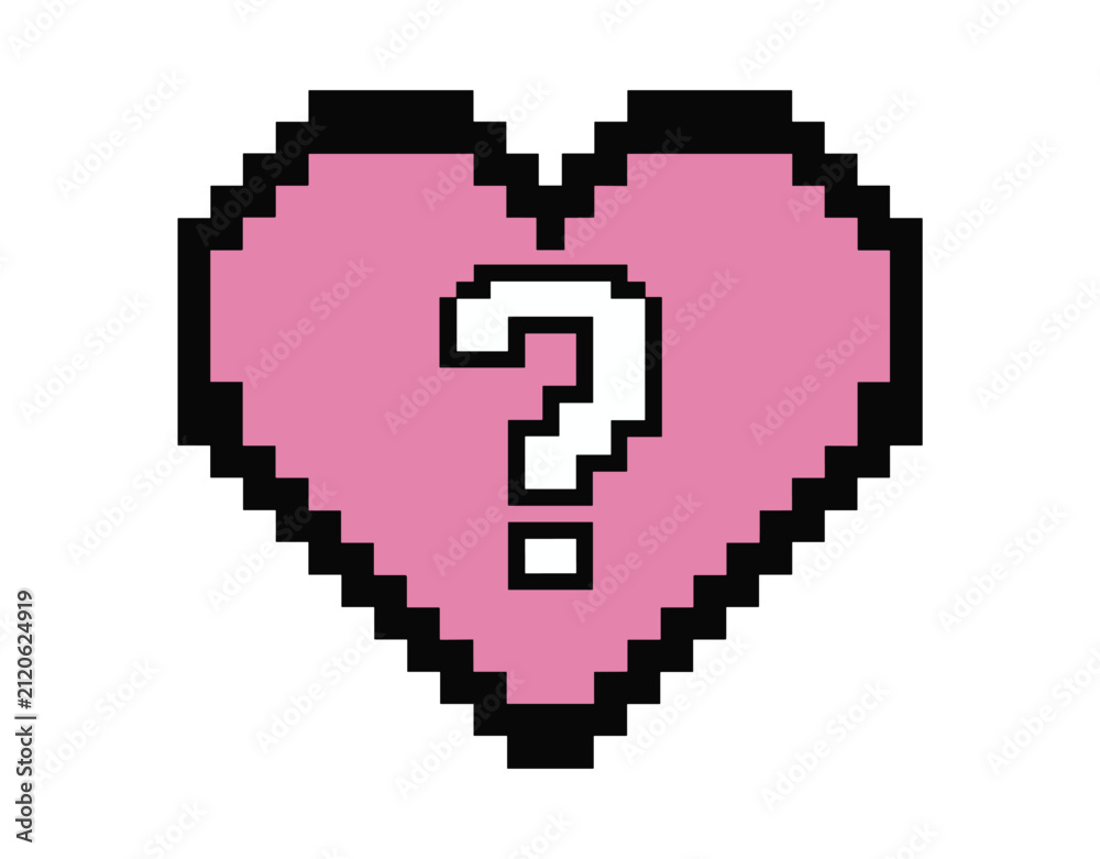 Fototapeta premium Pixelated Heart with Question Mark: A charming pink heart composed of pixels displays a white question mark at its center, symbolizing mystery, unknown love, or emotional inquiry.
