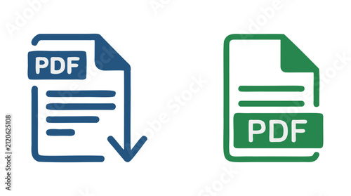Foto PDF Download and Save Icons: A graphic representation of PDF file icons, one blue with a download arrow, the other green, indicating saving or archiving