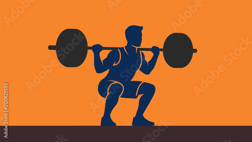 Flat vector illustration of a weightlifter performing a barbell squat. Perfect for strength training, CrossFit, fitness clubs, gym advertising, sports events, and athletic competitions.