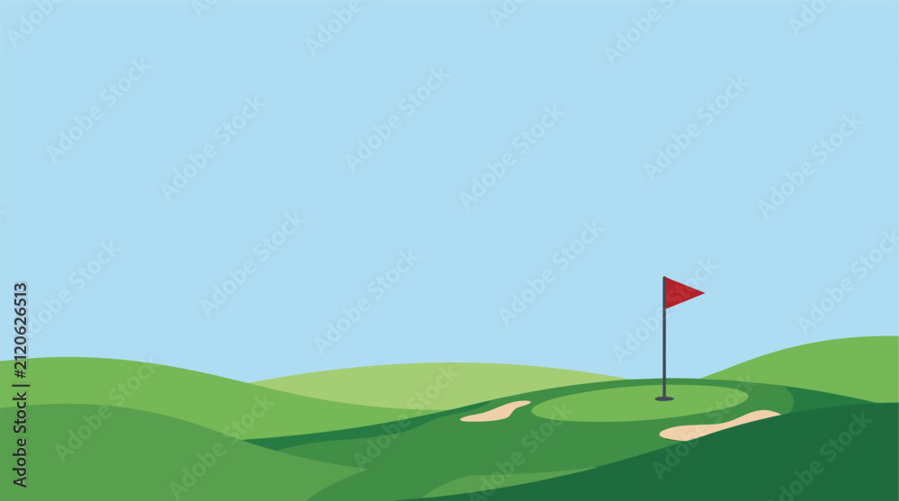 Fototapeta premium Professional Golf Course Landscape Vector Illustration Design Featuring A Green Putting Hole Flag And Sand Trap For Sports Backgrounds 7
