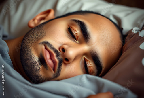 Young man sleeping peacefully in bed, resting and recovering, close up of face with eyes closed