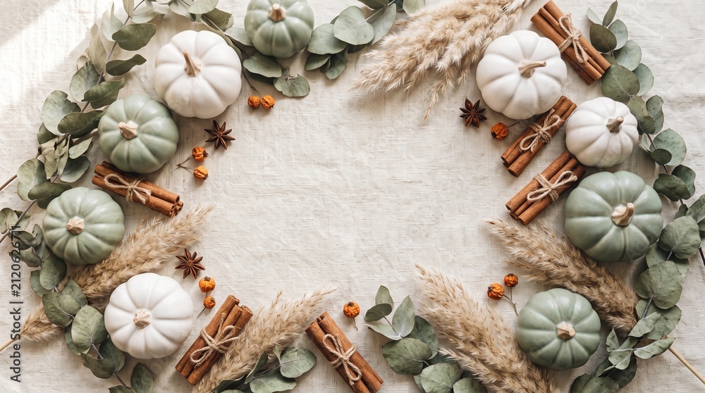 Obraz premium Minimalist Autumn Pumpkin and Dried Leaves Background with Copy Space