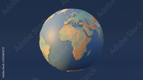 3D model of Earth planet isolated on dark blue background. Globe showing Africa, Europe and Middle East continent. Scientific visualization for geography, global business and climate study