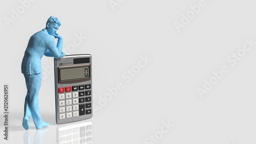 Thoughtful Businessman Planning Finances Beside Giant Calculator 3d render.