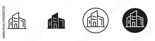 Office building icon set. Outline commercial building, corporate office, and business property symbols representing business locations, workplaces, company headquarters, and commercial real estate.