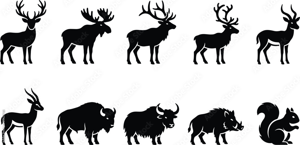 Obraz premium Forest Wildlife and Wild Mammals Black Silhouette Icon Set with Deer, Moose, Antelope, Bison, Yak, Wild Boar, and Squirrel Symbols for Hunting Designs
