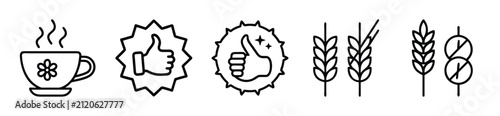 Food and beverage icon set. Outline symbols for coffee, like, and gluten free diet.