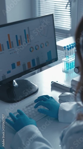 A researcher works with digital analytics and laboratory tools, focusing on scientific innovation and data driven discoveries. The scene highlights technology, research, and laboratory safety