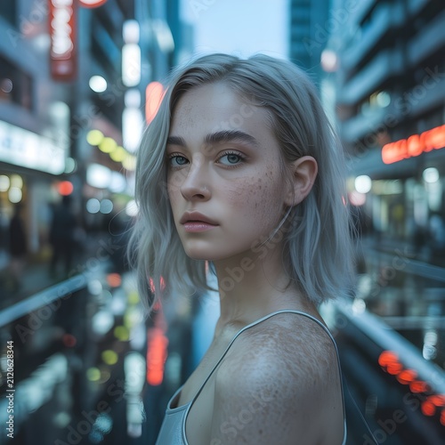 Retrato de mujer joven con cabello platinado en una ciudad de noche con luces de neón