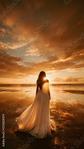 Novia en la playa al atardecer: Un momento romántico y mágico. Vestido de novia ondeando en el viento en la playa al atardecer.