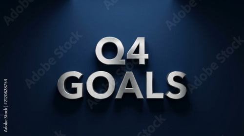 Q4 goals text rendered in metallic 3D letters on blue background. Business presentation slide for quarterly planning, corporate performance targets and fiscal year end strategy