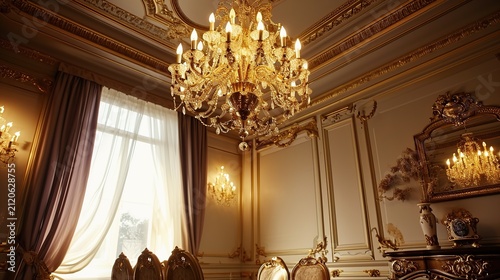 Opulent Baroque Salon Interior with Grand Crystal Chandelier and Gilded Architectural Details