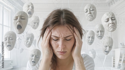 Woman experiencing emotional distress and mood instability. Concept of Borderline Personality Disorder with multiple floating theatrical masks representing conflicting psychological states.