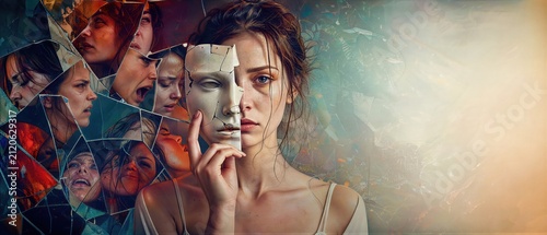 Woman holding a broken mask in front of her face with a reflection of multiple emotional states in shattered glass. Banner with copy space