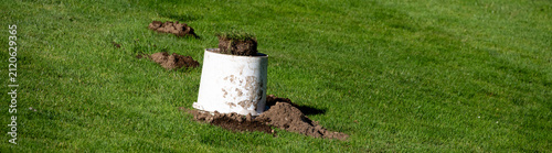 Фотография Groundskeeping and landscaping maintenance, mole pest problem with dirt piles in