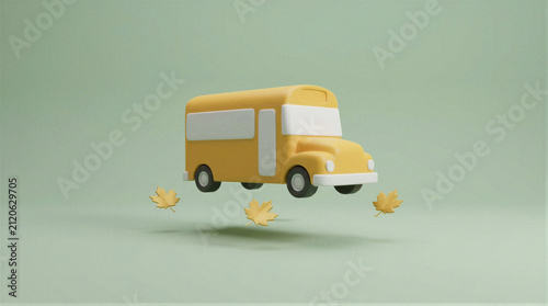 Yellow school bus floating above ground with falling maple leaves. 3D rendered cartoon vehicle for student transportation and education. Autumn season concept for back to school theme