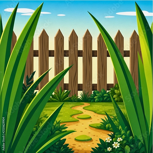 picket fence with grass, Cartoon wooden picket fence behind tall green grass with a path depicting a sunny day
