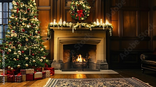 Opulent Christmas Living Room Scene Featuring A Grand Fireplace And Decorated Tree