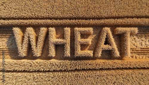 Close-up textured surface word wheat written capital letters text made small irregularly shaped spikes arrange