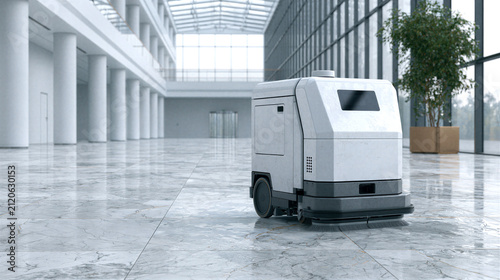Cleaning service. Autonomous floor cleaning robot scrubs and maintains polished floors in a spacious office atrium, supporting facility management, hygiene and automated cleaning.
