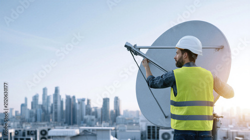 Satellite internet. Technician aligns a satellite dish on a rooftop to establish broadband internet connectivity, supporting wireless communication and remote network access.