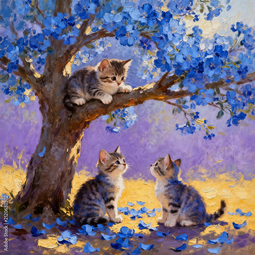 Impression Oil Painting Three Tabby Cats Under Blue Flower Tree