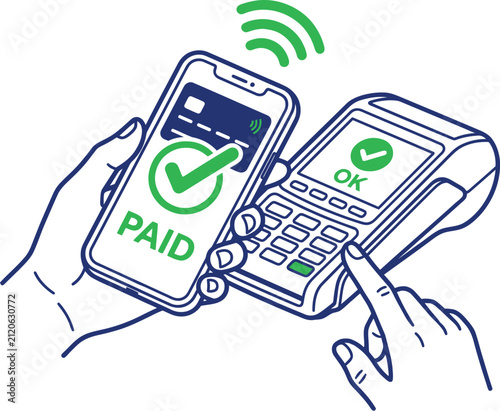 Mobile phone contactless payment successful showing paid status on device screen.