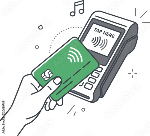 Contactless payment transaction using credit card held by hand near card machine.