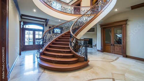 Opulent Residential Foyer Featuring a Majestic Curved Staircase and Ornate Iron Railing