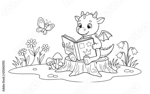 Cute baby dragon reading a book on a tree stump coloring page vector illustration