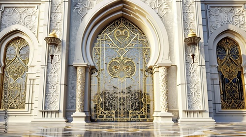 Ornate Central Archway Framed by Intricate Stone Carving and Gilded Iron Gate Entrance