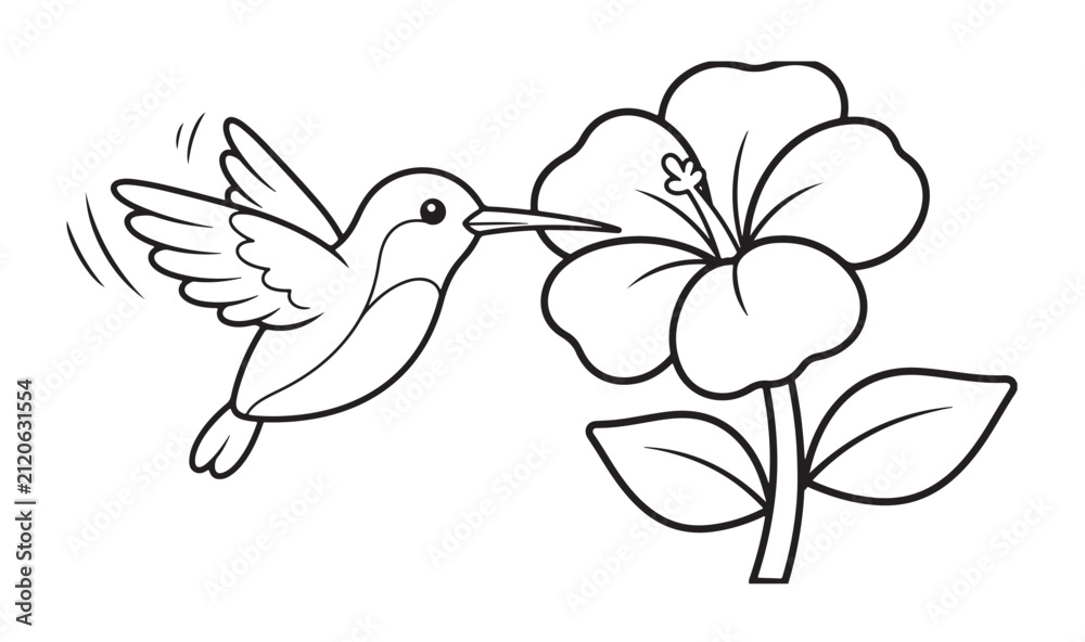Fototapeta premium Cute hummingbird drinking nectar from hibiscus flower coloring page vector