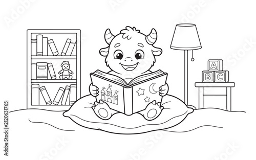Cute monster reading storybook on pillow coloring page vector