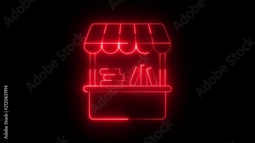 glowing neon Bookstore and Book Stall icon isolated on black background. Literature Stand symbols. 4k video animation.