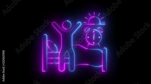 glowing neon Waking up icon isolated on black background, Morning Routine Graphics, Sunrise Alarm Clock Illustrations. Person Stretching in Bed, Sleep Cycle Symbols. 4k video animation.