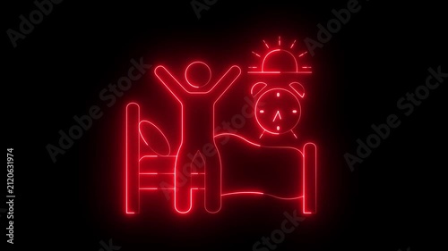 glowing neon Waking up icon isolated on black background, Morning Routine Graphics, Sunrise Alarm Clock Illustrations. Person Stretching in Bed, Sleep Cycle Symbols. 4k video animation.