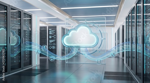 Data center server room environment displaying glowing cloud storage icon with data transfer streams and network connectivity symbols