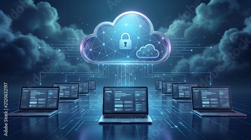 Secure cloud storage network concept featuring connected laptops and encrypted data protection in a modern cybersecurity environment