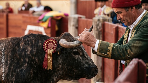 Portuguese forcado grabbing bull horns in arena. Traditional tauromachy performance with brave man in classical costume. Cultural heritage display during national celebration event.