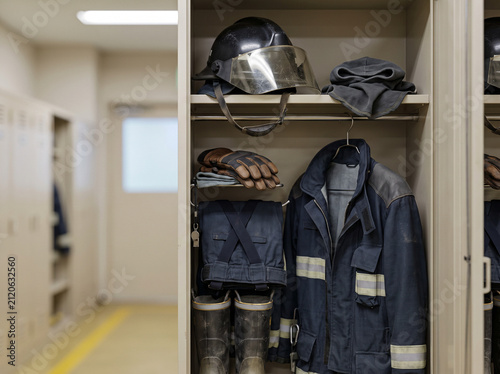 Empty fire station bunker gear locker room with aligned turnout coats detail close-up macro